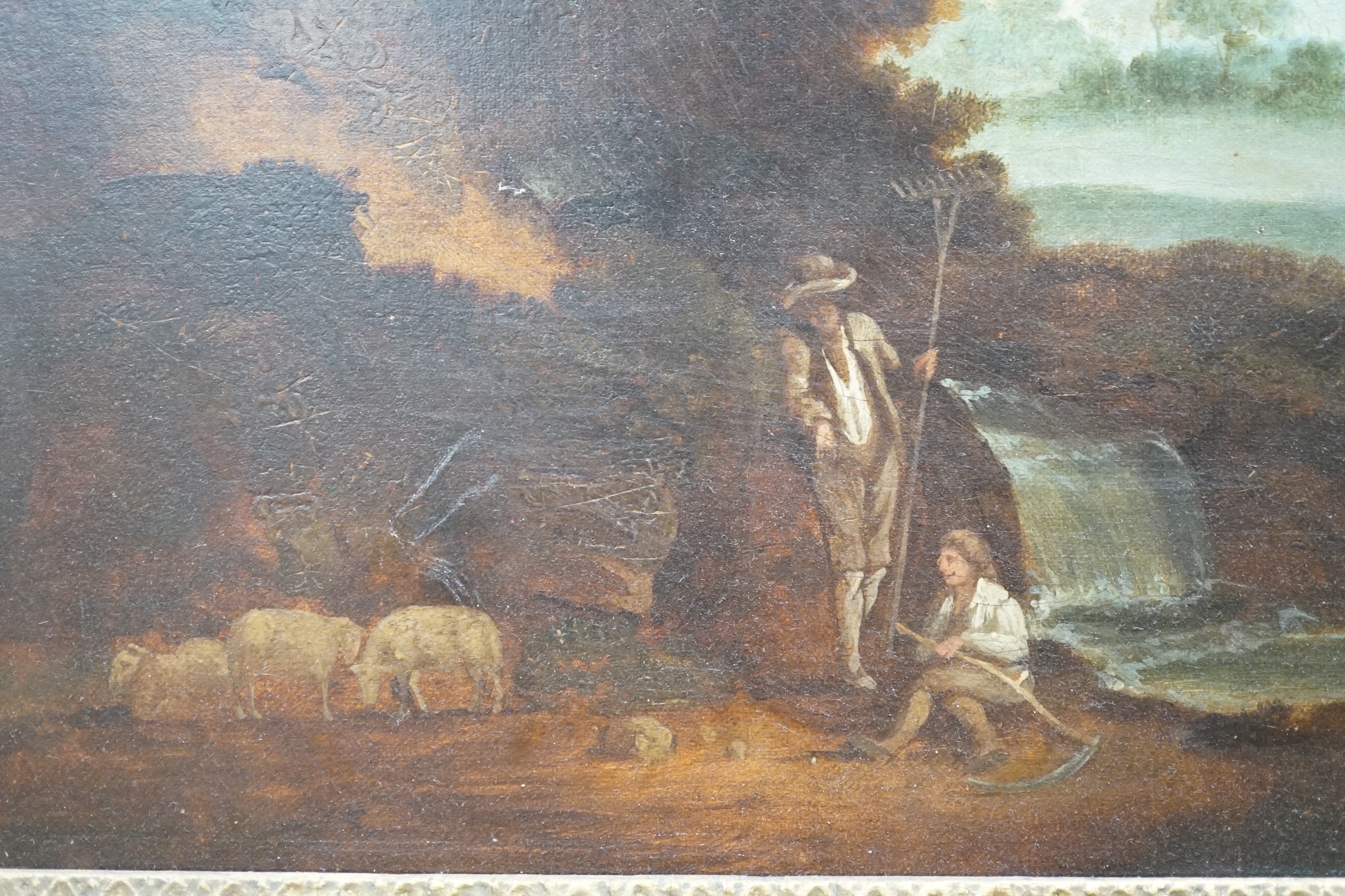 19th century, English school, oil on canvas, Pastoral landscape, 43 x 48cm, gilt frame. Condition - fair, relined